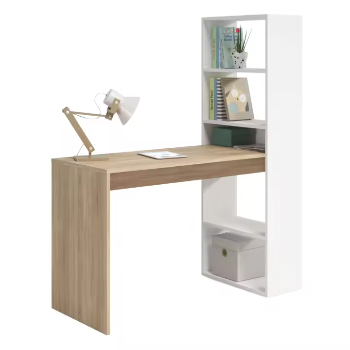 Mesa de Escritorio Duplo con Estantería Reversible en Colores Blanco Artik, Blanco Artik/Roble o Blanco Artik/Gris Fabricado en Melamina 120x144x53 cm - 1