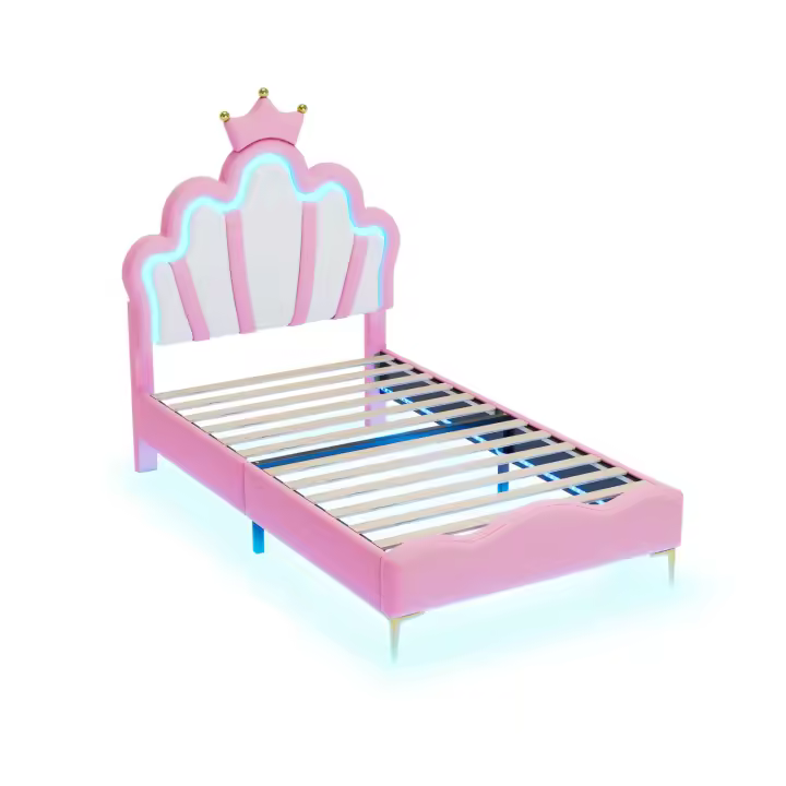 Cama juvenil 140x190 cm rosa con cabecero de corona, luces LED RGB, tapizado acolchado y somier de láminas - 1
