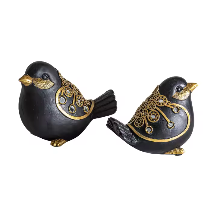 Figuras de dos gorriones  , en resina de 8x14x11ncm , en tonos negros y oro - Regalos Abedul - 1