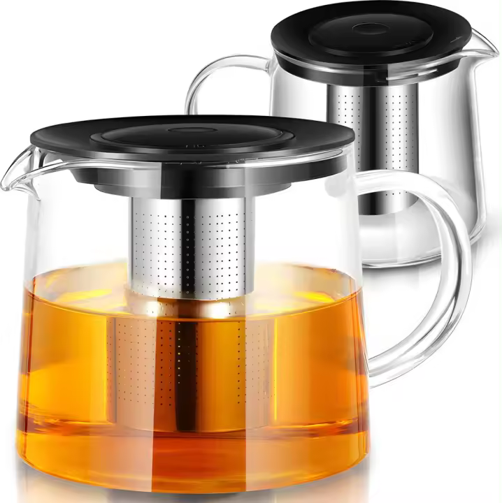 Tetera de cristal de 1,50 L y 1500 ml con colador de Maple inoxidable, Jarra de Cristal, Tetera con colador, Calor Resistant, ergonómica, para zumo de té, sin BPA, color Negro - 1