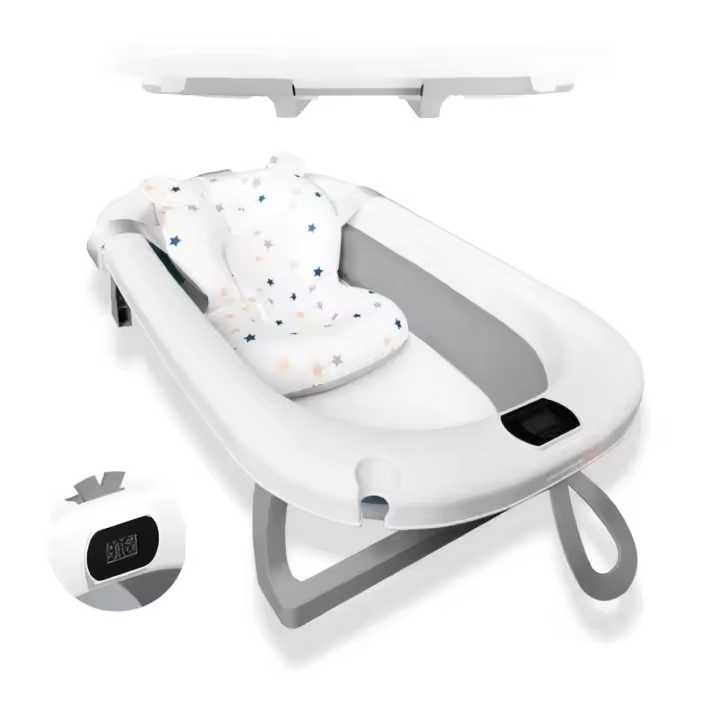 BATHBY Bañera Plegable Gris para Bebés Recién Nacidos, con Cojín Reductor, Termómetro Integrado y Patas Antideslizantes, Compacta y Segura (Gris pastel) - 1