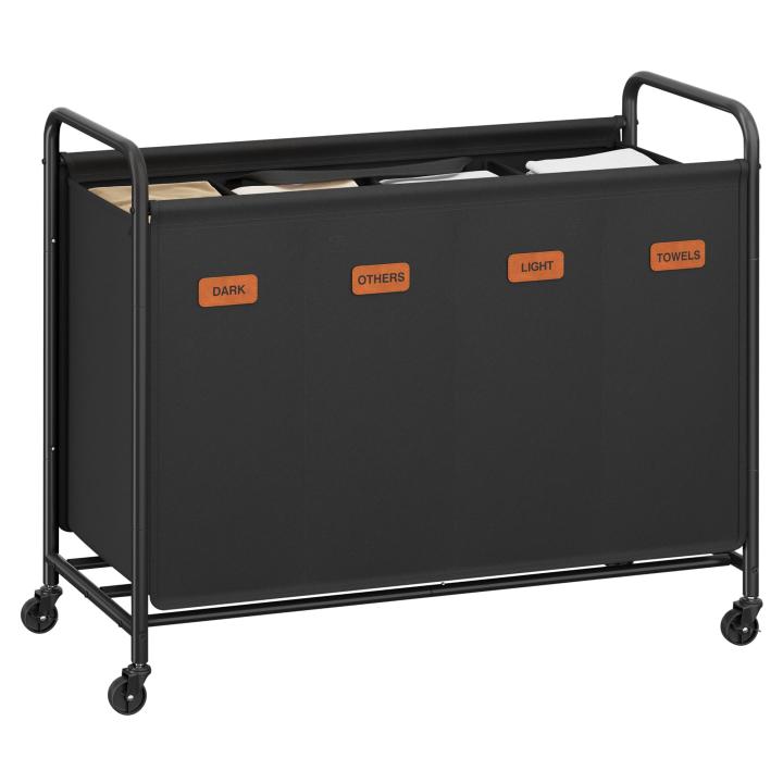Cesto Ropa Sucia con Ruedas 4 Compartimentos, Cesta para la Colada Grande 200L con Tapa y Bolsas Extraíbles, Carro Clasificador de Ropa para Baño y Lavandería, Negro