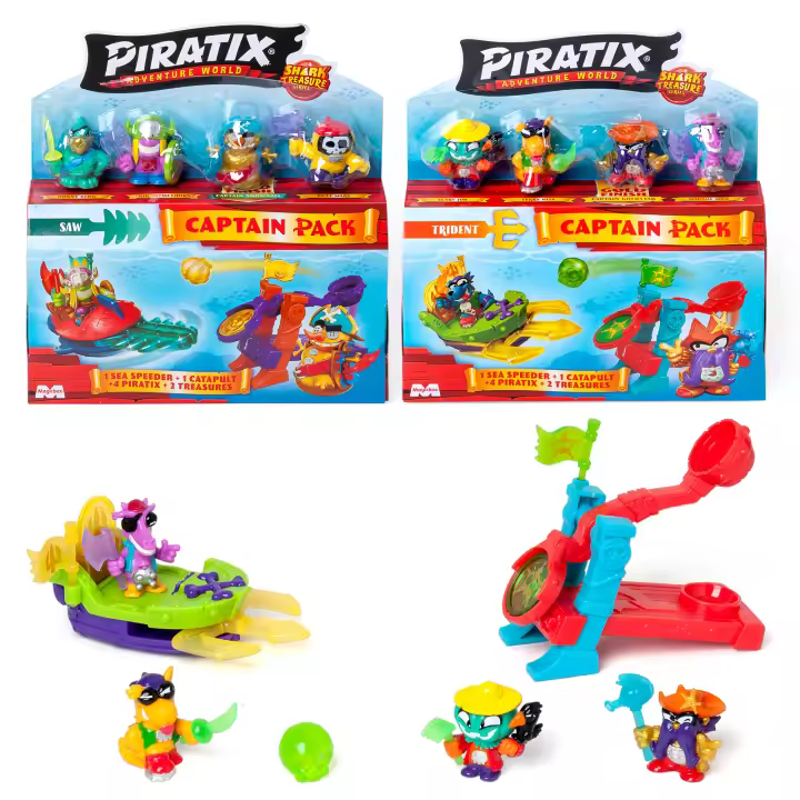 PIRATIX, ADVENTURE WORLD Serie Shark Treasure – Captain Pack Saw y Captain Pack Trident. Cada pack contiene 4 Piratix (1 capitán dorado), 4 accesorios “cristales”, 1 Sea Speeder, 1 Catapulta, 2 banderas exclusivas y 2 tesoros con efecto cristal - 1