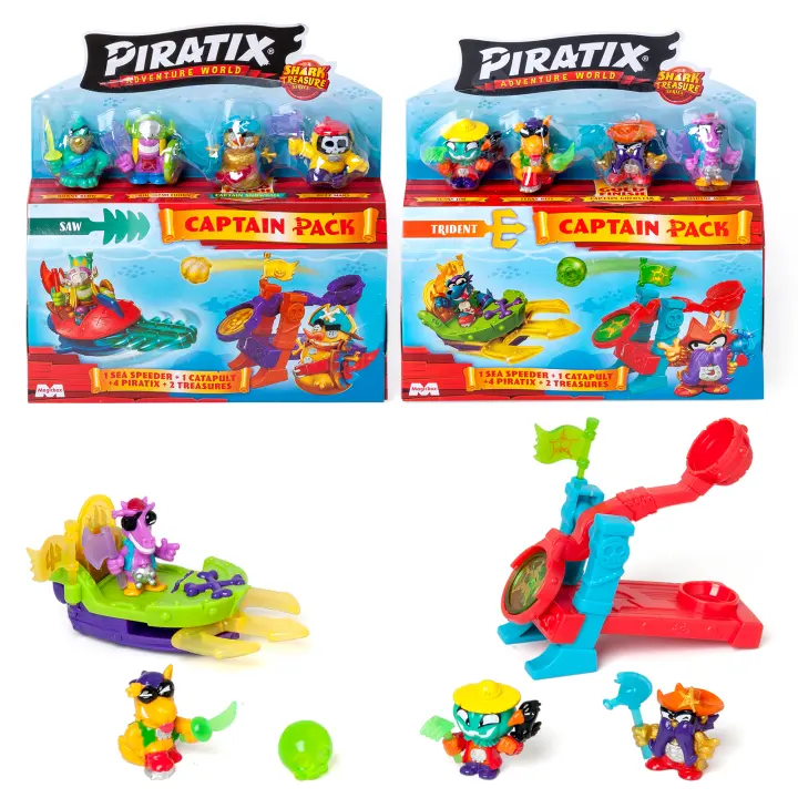 PIRATIX, ADVENTURE WORLD Serie Shark Treasure – Captain Pack Saw y Captain Pack Trident. Cada pack contiene 4 Piratix (1 capitán dorado), 4 accesorios “cristales”, 1 Sea Speeder, 1 Catapulta, 2 banderas exclusivas y 2 tesoros con efecto cristal - 1