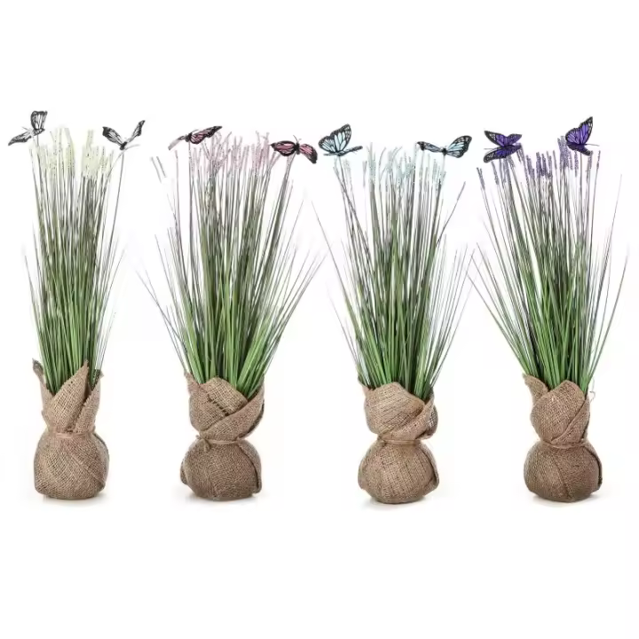 Dcasa Set de 4 plantas artificiales Junco con mariposas de tela verde de Ø 7x45 cm - 1
