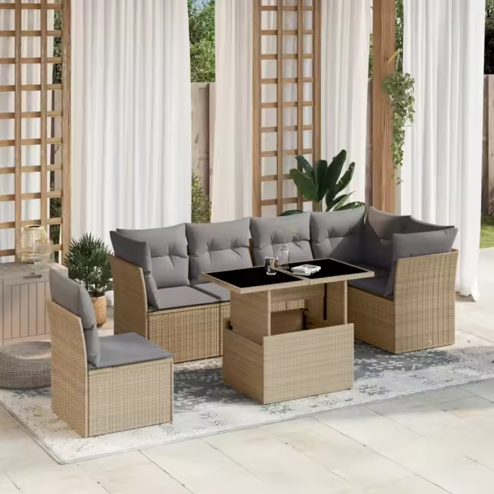vidaXL Set sofás de jardín 7 piezas y cojines ratán sintético beige - 1