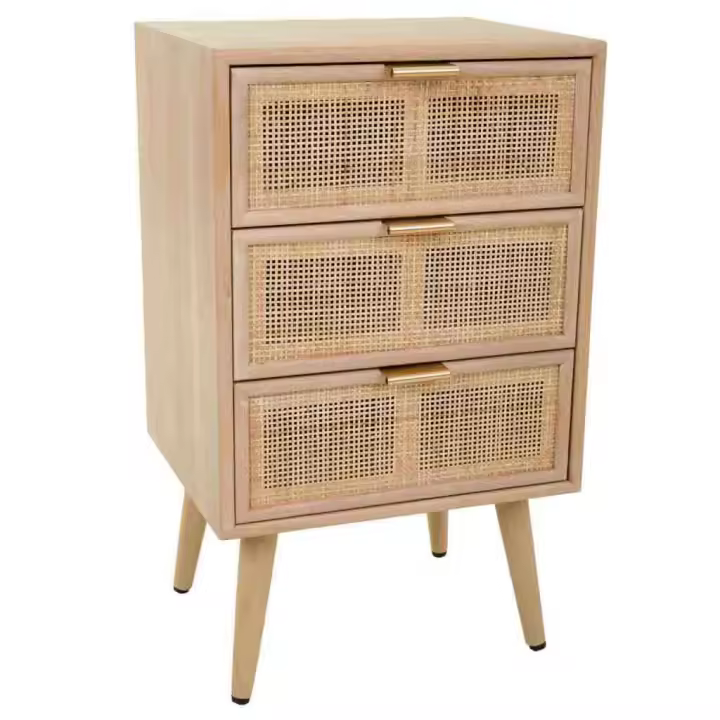 WANDERLUST DECO Mesita de Noche Marrón con 3 Cajones de Madera y Rejilla 42x36.5x71h Cm - 1