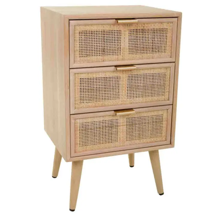 WANDERLUST DECO Mesita de Noche Marrón con 3 Cajones de Madera y Rejilla 42x36.5x71h Cm - 1