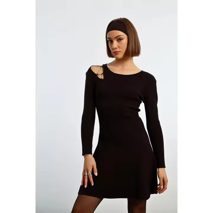 LILI SIDONIO EL1005CN VESTIDO PUNTO NEGRO VESTIDO DE MANGA LARGA DETALLE ABERTURA EN EL HOMBRO - 1