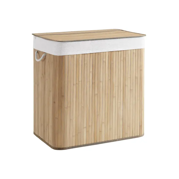 SONGMICS - Cesta de lavandería sucia con 3 compartimentos, cesta de 150L, bandeja de clasificación, con asas, tapa con arañazos, plegable, lino, hogar, lavandería, color madera/blanco/gris - 1