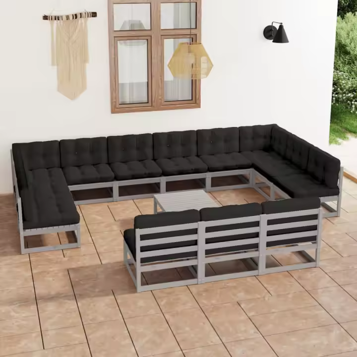 vidaXL Set de muebles de jardín 14 pzas con cojines madera pino gris - 1