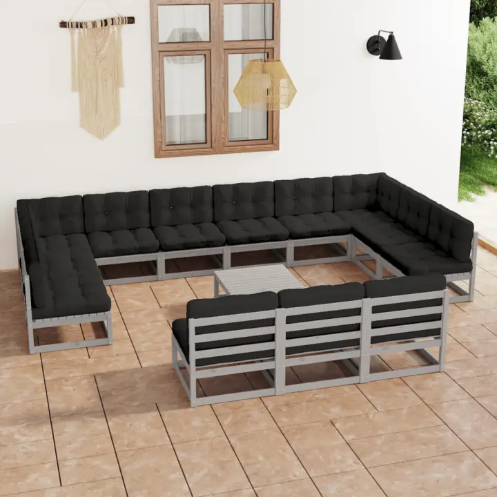 vidaXL Set de muebles de jardín 14 pzas con cojines madera pino gris - 1