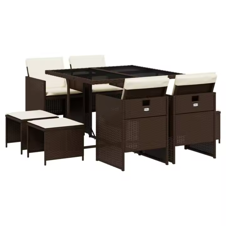 vidaXL Set comedor para jardín 9 pzas y cojines ratán sintético marrón - 1