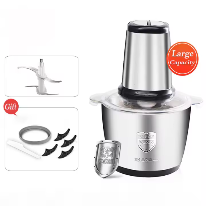 2L Electric Meat Grinder 2 Speeds Stainless Steel Chopper Food Processor Garlic Mud Maker Blender Large Capacity Kitchen Utensils - 1