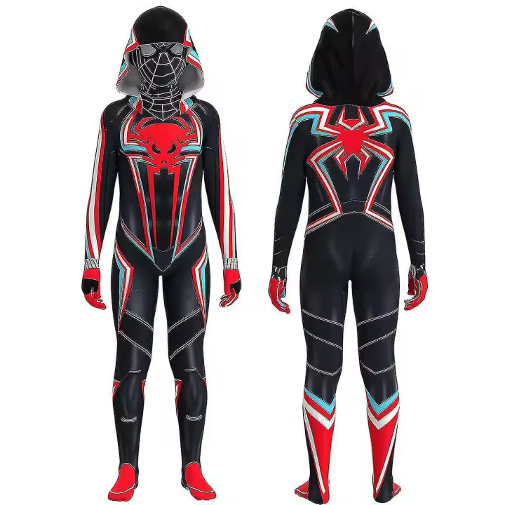 Miles 2099 - Disfraz de Spiderman para niño, mono de fiesta, ropa ajustada, pintura facial - 1