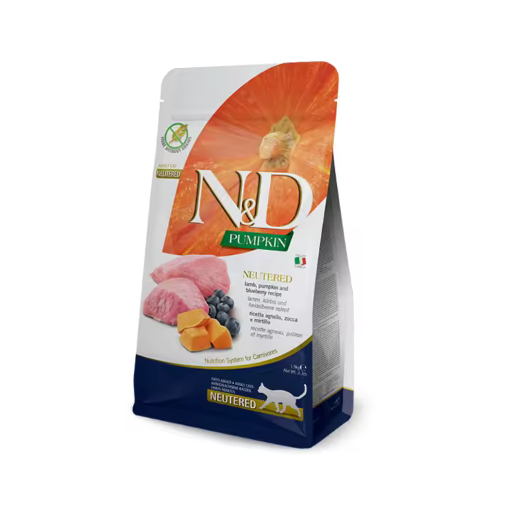 Farmina Pienso para Gatos Sin Cereales Neutered Cordero Arándano 5 Kg - Alta Proteína y Calabaza - 1