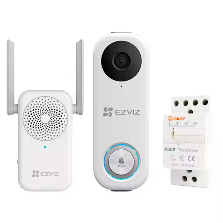 EZVIZ DB1C, Kit Videoportero, WiFi (2.4GHz / 5 GHz), FHD 1080p, H.256, IP65, Visión vertical 170º, Detección de personas con IA, Visión nocturna, Audio bidireccional, Incluye: Campanilla Interior y Transformador - 1