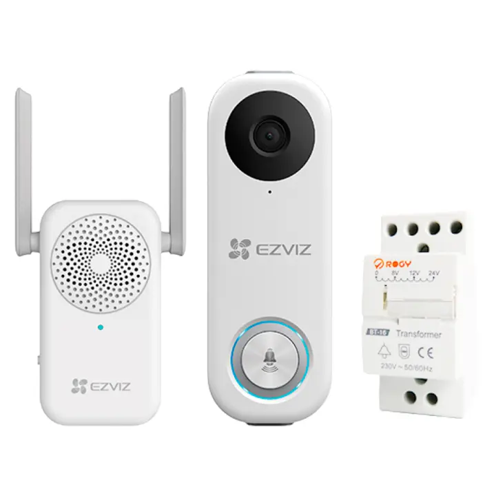 EZVIZ DB1C, Kit Videoportero, WiFi (2.4GHz / 5 GHz), FHD 1080p, H.256, IP65, Visión vertical 170º, Detección de personas con IA, Visión nocturna, Audio bidireccional, Incluye: Campanilla Interior y Transformador - 1