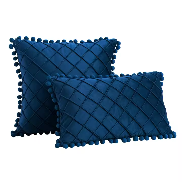 Set 2 Fundas de Almohada con Pompones Terciopelo Azul Oscuro - 1