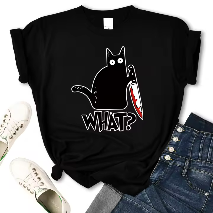 Camiseta De Verano Para Mujer Con Estampado De Gato Negro Y Diseño Humorista Camiseta Corta Transpirable Moda Casual Hip Hop Ropa Top Para Jóvenes - 1