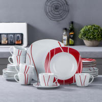 MALACASA-Serie Felisa-Juego 30 piezas de vajilla de porcelana para cena, conjunto de cena color blanco marfil con rayas rojas, con 6 piezas de tazas, ensaladera, platos de sopa, cena y postre - details 0