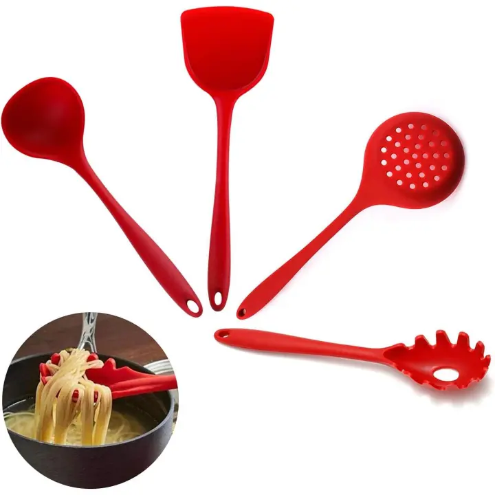 Utensilios de cocina de silicona, Juego de 4 piezas, juego múltiple, herramienta de Cocina antiadherente resistant a los arañazos y al Calor para espumadera de Cocina, cubo, espátula, Cuchara para pasta. - 1