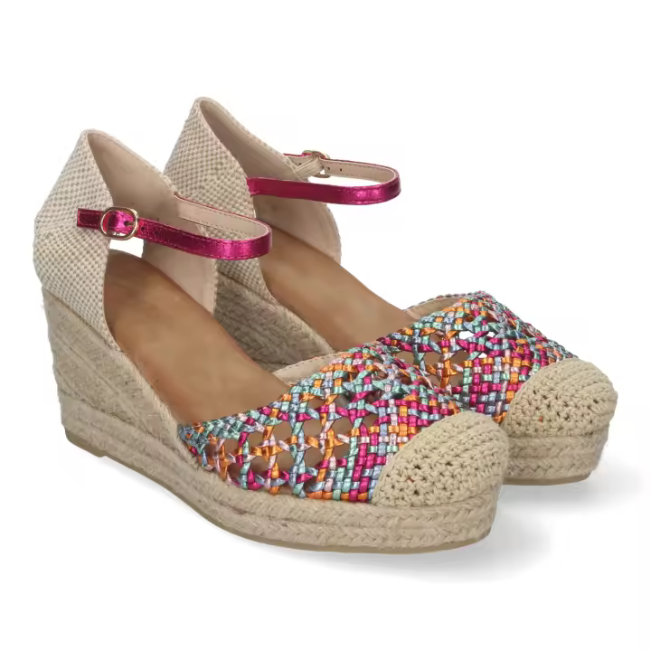 Davinia Shoes Sandalia de Cuña para Mujer, Comodas y Elegantes, Forrada de Yute, con Pala Calada, y Cierre de Hebilla. Shoes&Blues.es A-3004-Multi - 1