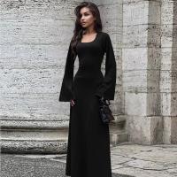 Vestido De Mujer Elegante Con Cuello Cuadrado Y Manga Larga Slim Ankle Strap Vestido De Polyester De Alta Estirabilidad Estilo Casual - details 0