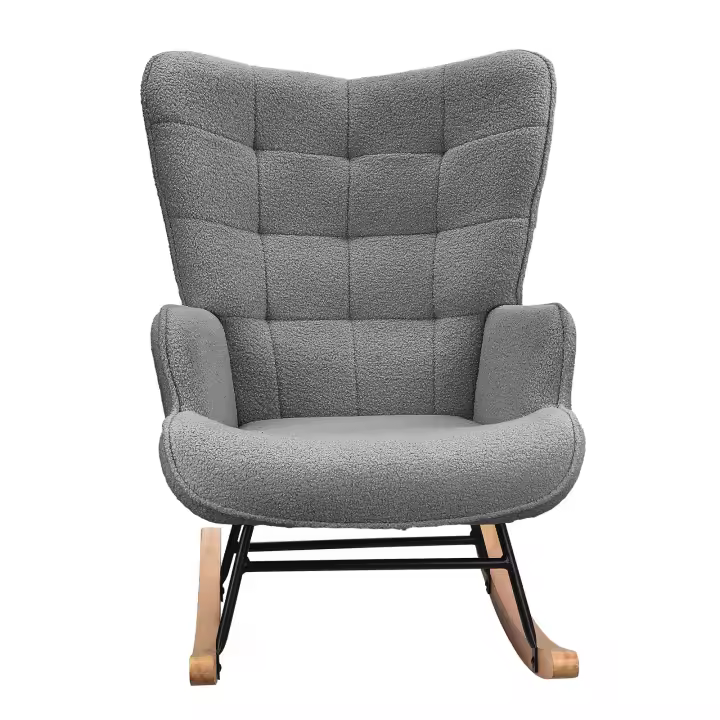 Sillón Mecedora de Borreguito Gris, Butaca Relax con Respaldo Alto, Reposabrazos y Patines de Madera - 1