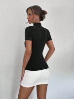 Vestido Corto De Verano Con Cuello Alto Media Altura Manga Corta Color Coordinado Ajustado Para Mujer Oficina Y Compra Diaria - details 2