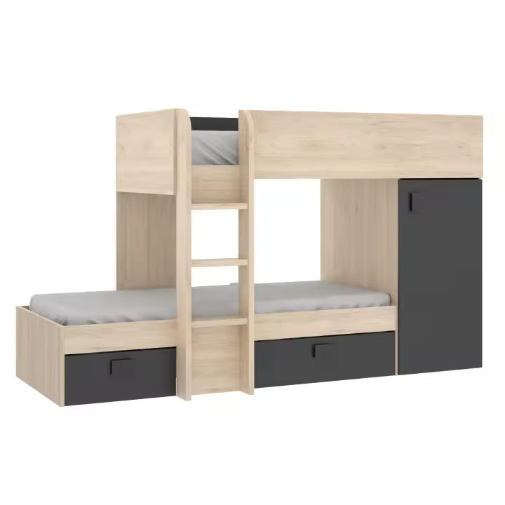Cama Tren Juvenil Dekit para 2 Niños - MOVE - 150x255x112 - Natural / Grafito - Montaje Reversible y Estructura Sólida - 1