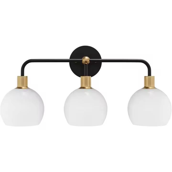 Lámpara de tocador de baño de 3 luces, acabado negro mate, iluminación de tocador con pantalla de globo blanca, moderna lámpara de pared para baño sobre espejo para baño, dormitorio, hotel, E26 - 1