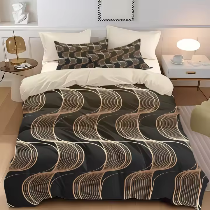 Juego De Cama Moderno 3 Piezas Marrón Con Rayas Onduladas - Incluye Funda De Edredón Y 2 Fundas De Cojines (sin Relleno) - 1