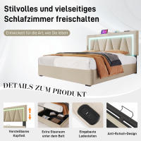 Cama tapizada Cama Doble LED con función de carga USB Type-C e iluminación LED, Cama con Almacén Somier de Lino Cama Juvenil 140x200 con somier (sin colchón). - details 0