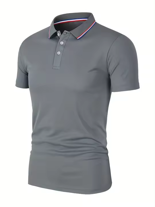 Camisa Polo Hombre Verano Transpirable Cómoda De Color Sólido Cuello Redondo Manga Corta Alta Calidad Ropa Casual De Calidad - 1