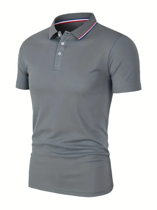 Camisa Polo Hombre Verano Transpirable Cómoda De Color Sólido Cuello Redondo Manga Corta Alta Calidad Ropa Casual De Calidad - 1