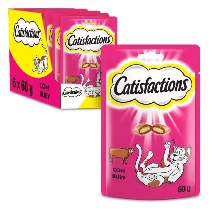 Catisfactions Premios y Snacks de Buey para Gatos (6 unidades x 60gr) - Bocaditos crujientes con relleno cremoso y bajos en grasas para gatos - 1