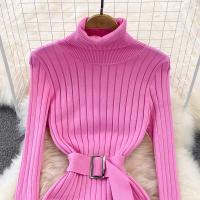 Vestido Maxi De Cuello Alto Para Mujer YuooMuoo 2024 Otoño Invierno Elegante Ajustado Con Cinturón Estilo Bodycon Tejido Ribbed Suave Y Elástico - details 10