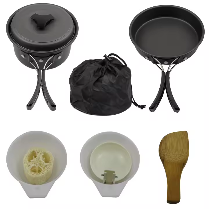 Juego de utensilios de cocina para acampar, juego de cocina para acampar, juego de herramientas y sartenes para acampar para Viajes de mochilero, equipo y accesorios Esenciales portátiles para acampar - 1