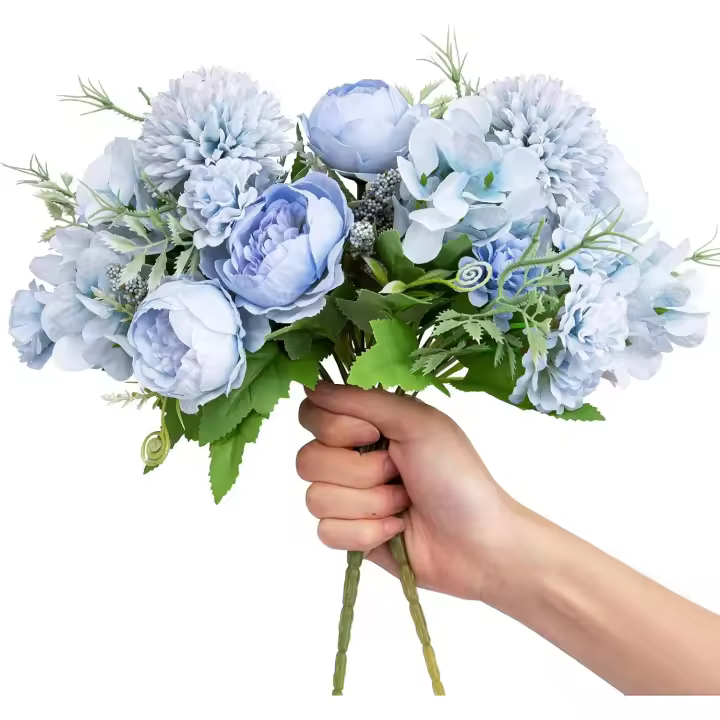 Flores artificiales, paquete de 2, peonías falsas de seda azul claro, hortensias, decoración de ramo, claveles de plástico, margaritas, flores realistas - 1