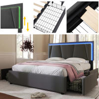 Cama de almacenamiento Marco de Cama, base de listones de Madera, gris (sin pecho) Cama tapizada with iluminación LED Y 4, cabecera ajustable en Altura, Cama Doble 160x200cm - details 2