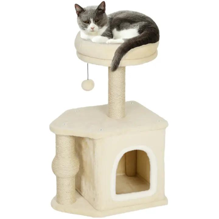 PawHut Árbol Rascador para Gatos Altura 66 cm Árbol para Gatos Torre para Gatos con Cama Cueva Plataforma Bola Colgante y Poste de Yute Beige - 1