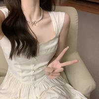 Vestido Sin Mangas Blanco Retro Francés Para Mujer Verano Cintura Ajustada Y Elegante Mini Vestido De Encaje Sin Capucha - details 1