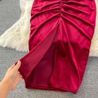 Vestido Bodycon De Veludo Negro/Rojo Para Mujer Vintage Con Cuello En V Y Mangas Largas Patchwork Midi De Otoño Invierno - details 10