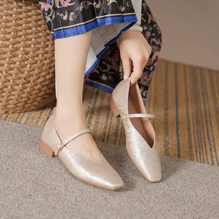 Zapatos Planos De Verano Para Mujer Con Tobillera Y Cierre De Hebilla En Microfibra De Color Oro Y Verde Estampado Texturizado De Tamaño Grande 34-43 Zapatos Elegantes Y Casuales - 1