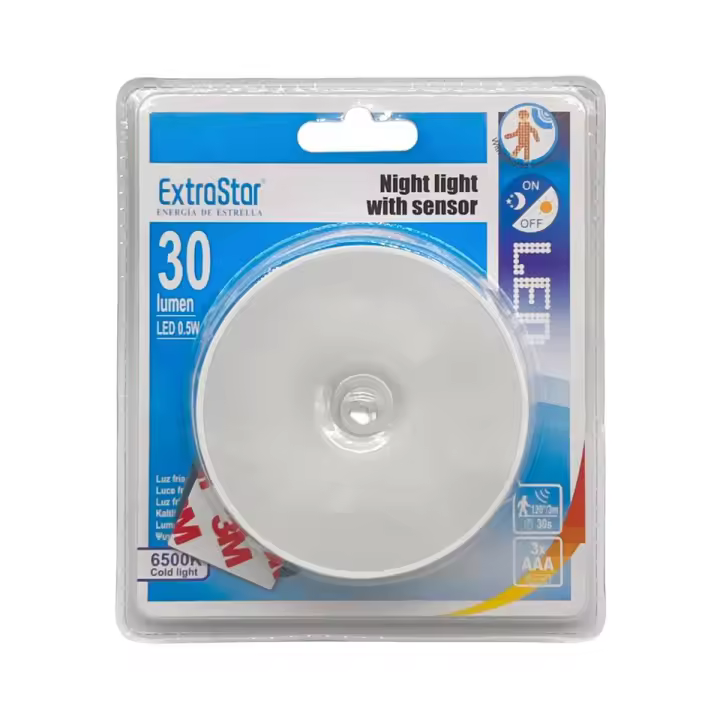 Luz de Noche con Sensor Extrastar 30 Lumen LED 0,5W Luz Fría 6500K - Funciona con Pila AAA - 1