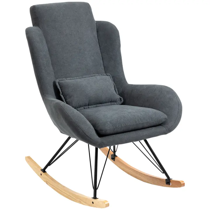 HOMCOM Mecedora Tumbona Sillón de lectura 90-135° Columpio Lino Madera de Caucho Gris Oscuro 75 x 95 x 110 cm - 1