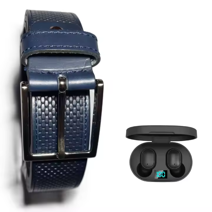 Cinturón de Piel Azul Troquelado para Hombre. REGALO: Auriculares TWS E6S. Diseño Exclusivo y Ajustable - Fabricado a Mano en España - Presentado en bolsa de tela - Calidad garantizada - Regalo Especial. Lukkalia - Kids and Us / LKKCAT - 1