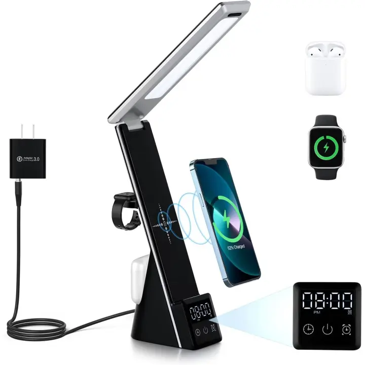 Lámpara de escritorio LED con cargador inalámbrico 3 en 1 estación de carga rápida, lámpara de consola táctil con tiempo - 1