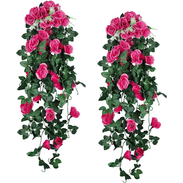 Flores colgantes Plantas colgantes artificiales 2 piezas 3,3 pies Plantas colgantes de rosas artificiales Decoración de bodas para interiores y exteriores (Rosa roja) - 1